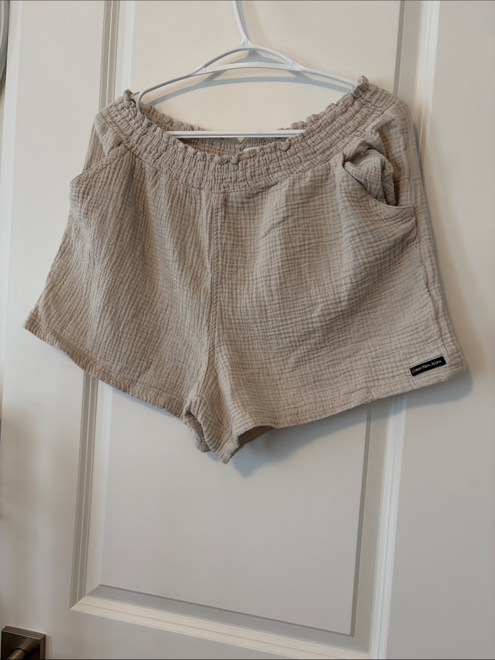 Calvin Klein Cream Textured Gauze Athletic Shorts